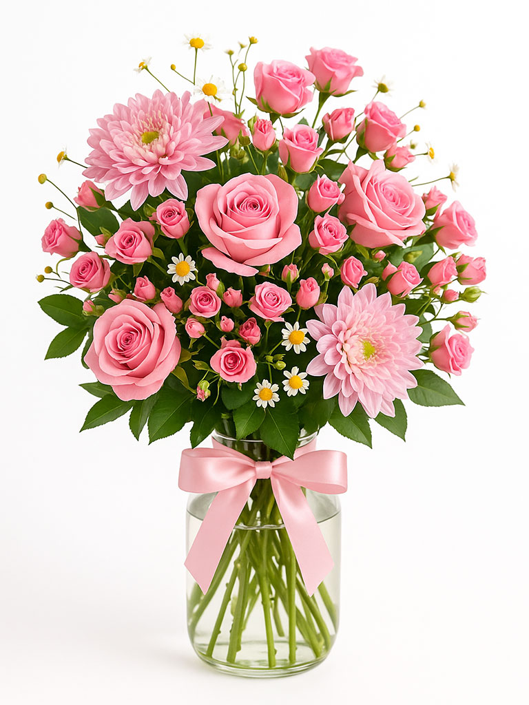 Buchet cu trandafiri si minirosa roz (Small)
