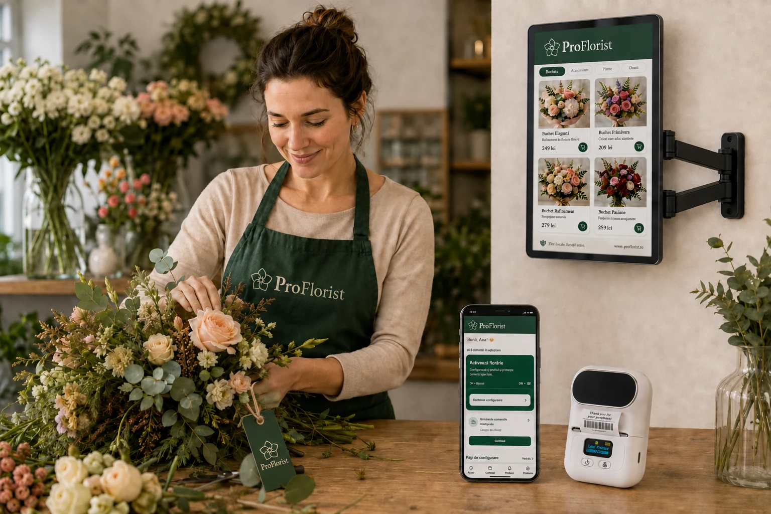 Beispielansicht von ProFlorist Business in einem Floristikbetrieb mit Anwendung, Drucker und digitalem Katalog